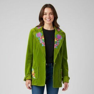 Johnny Was M Green Corduroy Embroidered Jacket Wearable Art Birds Heart